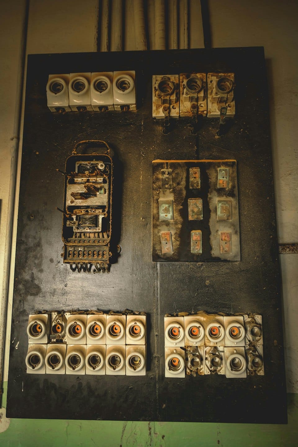 Corroded electrical panel with ceramic fuses mounted on a wall.