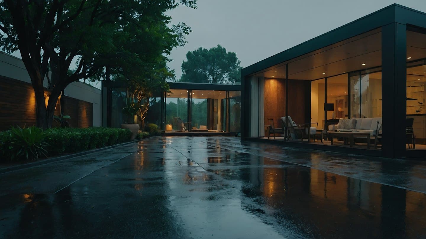 Modern house with glass walls stands beside a wet driveway.
