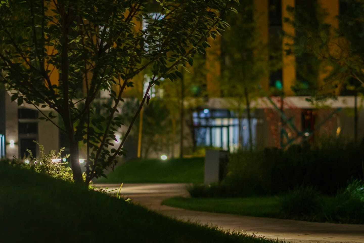 A lighted pathway winds through a garden toward modern buildings.
