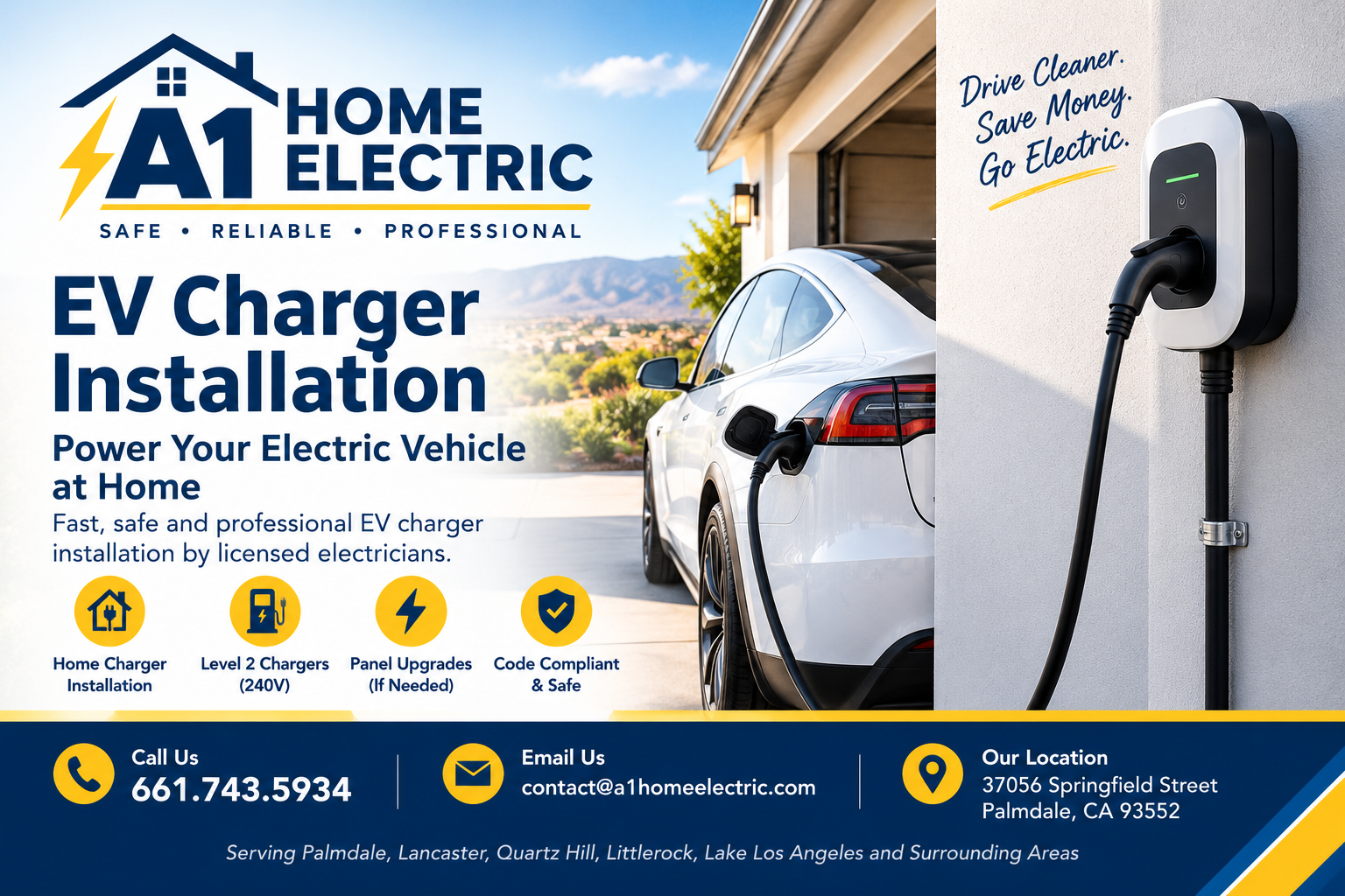 EV charger installation by A1 Home Electric for residential electric vehicle charging in Palmdale, California.